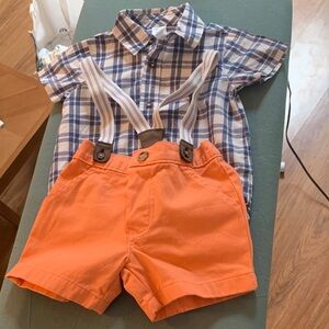 Carter’s Just One You Plaid Button Up Shirt Salmon Shorts with suspenders outfit